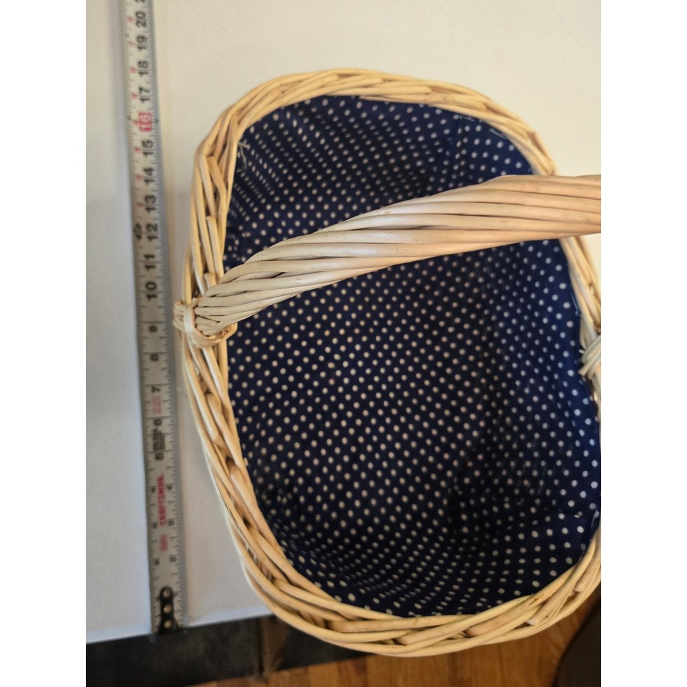 Large Wicker Basket With Handle Navy Polka Dot Liner 18 Inch Cottage Storage